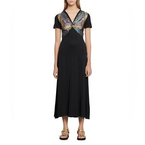 Sandro Rabba Scarf Print Bodice Midi Dress